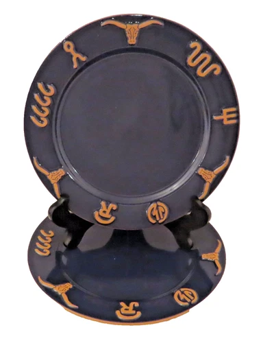 Frankoma King Ranch Navy Blue Set of 2 Dinner Plates 10.25 in Longhorn Pottery