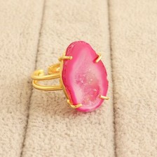 Genuine Pink Geode Druzy Double Layer Gold Plated Prong Setting Adjustable Ring