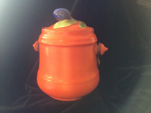 Erphila Art Pottery - Czeck - Biscuit Jar - Rattan handle - Dark Blue Fruit knob - Picture 2 of 6