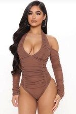 Women Deep V Long Sleeve halter ruched bodysuit Jumpsuit Romper Top Blouse US