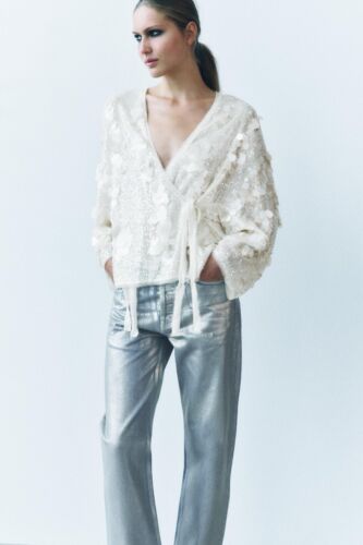 ZARA ZW COLLECTION SEQUINNED KIMONO CREAM SPARKLE TOP CARDIGAN XS/S - Picture 5 of 20