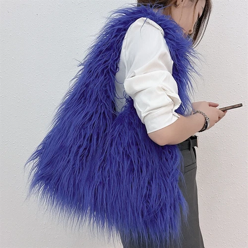 Women Handbag Shoulder Bag Faux Mongolian Fur Furry Fluffy Plush Winter Handbag - Picture 15 of 34