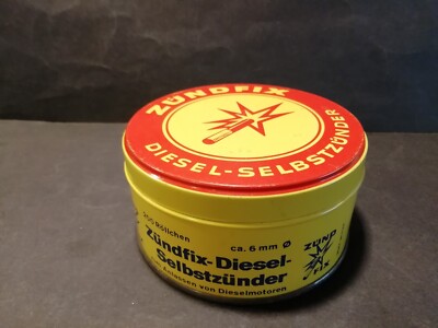 Alte Dose Blechdose Zündfix Diesel Selbstzünder rund 10 cm H 5 cm