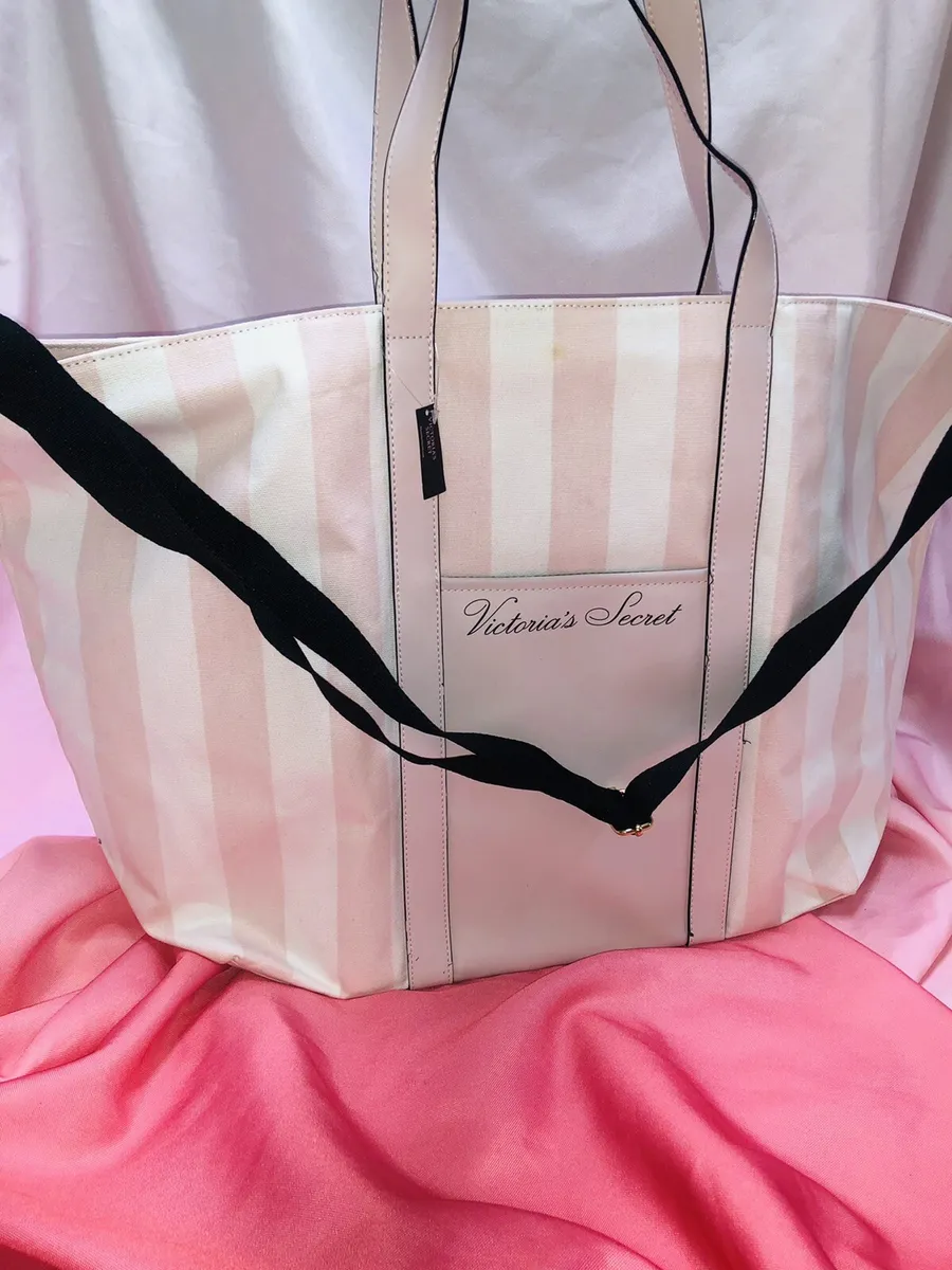 Victoria's Secret TOTE BAG Canvas Pink White Stripes w/Big Pocket LONG  Strap NEW