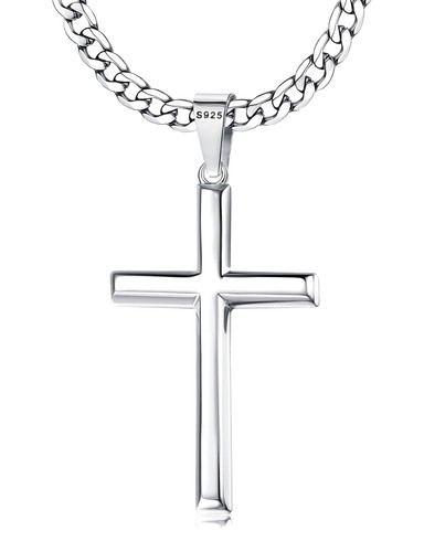 Cross Necklace for Men : Solid 925 Sterling Silver Cross Pendant Beveled Edge...