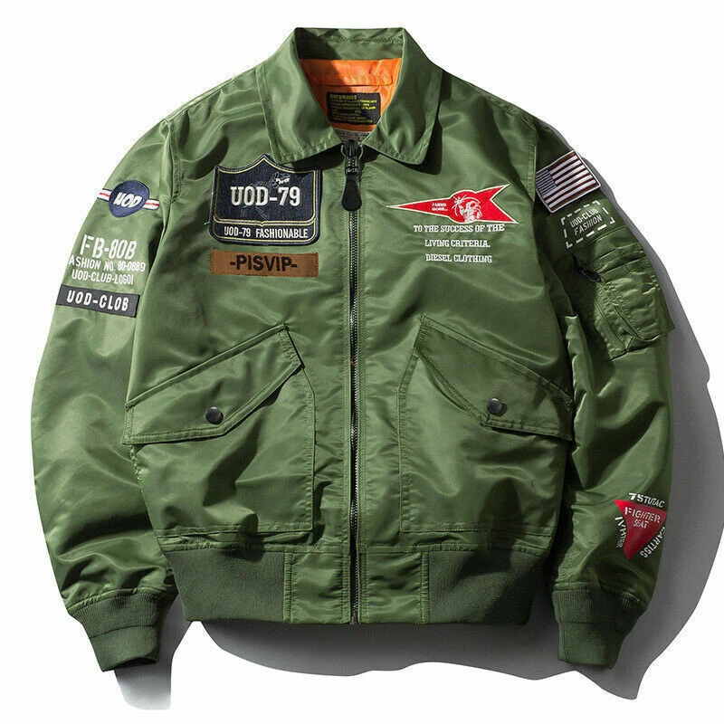 Men Bomber Jacket Patches Army Green by Brit Boss