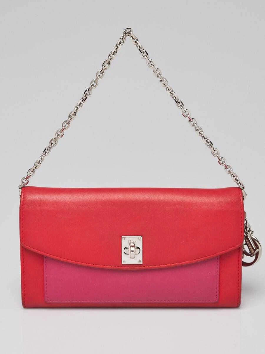 Sac à pochette portefeuille tordu sur chaîne en cuir rouge/rose Christian Dior