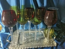 2~VTG ruby red or green GLASS TALL SWIRL STEM WINE GOBLET(S) 11 1/2"~COLONY( ?)