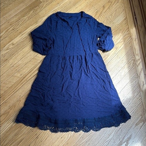 SHEIN Navy Boho Peasant Dress L, Crochet Hem, Textured Swiss Dot, 3/4 Sleeve