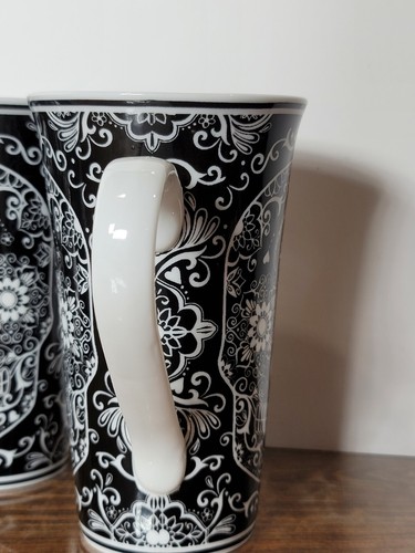 New Set of 4- 222 Fifth LA CALAVERA Blk & White Porcelain Tall Latte Coffee Mugs - Picture 4 of 9