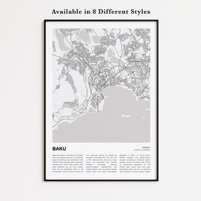 Baku City Map Print, Azerbaijan Travel Poster, Modern Map, Wall Decor Art