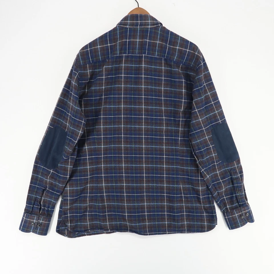 Hackett London Flannel Shirt Mens XL Blue Plaid Cotton Elbow Patches Slim Fit - Image 2 of 4