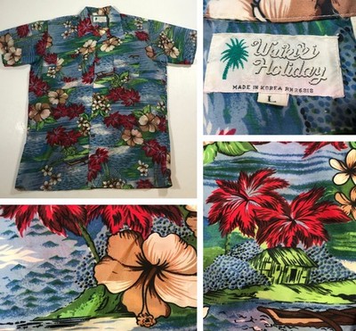 vtg WAIKIKI HOLIDAY Sz L Blue Hawaiian Button Up Shirt Floral Pockets