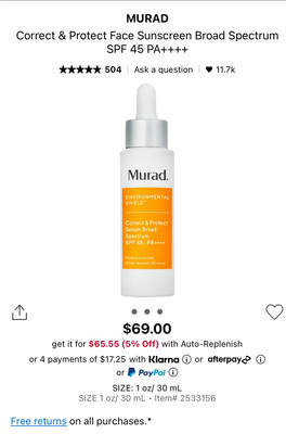 Murad Environmental Shield Correct & Protect Serum Broad Spectrum SPF 45 1 Fl Oz