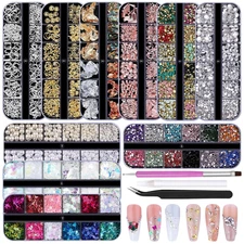 10 Boxes Nail Art Kit - 12 Colors Pointed/Flatback Rhinestones, 3D Gold/Silver/R