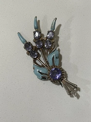 Vtg Brooch Flower Floral Painted Big Quality Stones 1940s Costume PIN Unmarked