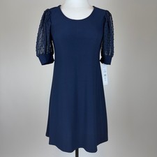 NWT MSK Navy Blue Shift Dress Sheer Puff Sleeve Swiss Dot Petite Size PS Career
