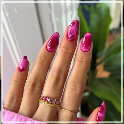 24pcs Rose Red Flowers Press-On Fake Nail Short Almond Blooming Blush Manicure
