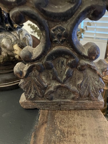 ANTIQUE SPANISH COLONIAL PAIR OF PROCESSIONAL HAND CARVED WOOD CANDLE HOLDER - Picture 4 of 23
