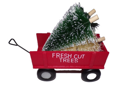 7x4'' long red fresh cut trees wagon ornament with decorated trees mac2