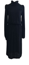 Vintage 70s Black Knit Long Sleeve Dress Puff Sleeve Turtleneck USA Womens M