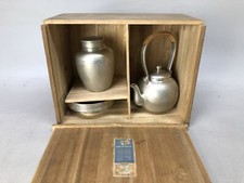 Y8486 TEA POT Tin tea ceremony utensils set signed box Japan antique kettle