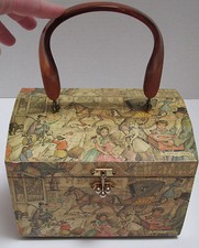 Vintage Decoupage Wooden Purse Anton Pieck Victorian Scene Brown Lucite Handle