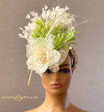 Jeweled Kentucky Derby Fascinator Green White Cream Ascot Hat Rose Ascot Hat