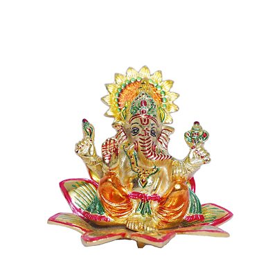 Metal Ganesha Sitting on Flower Multi Color menakari Leaf for Pooja Home Office
