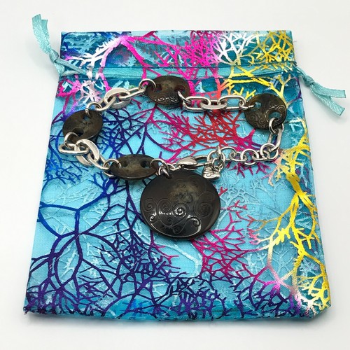 Brighton Chain Bracelet with Engraved Brown Charms Whimsy Goth Silver Plate 7-8" - Picture 4 of 8
