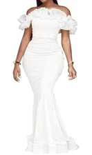 Cololura Sexy Long Off Shoulder Ruffles Stringy Selvedge Mermaid Bodycon Dress