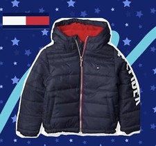 Tommy Hilfiger Boys' Fleece Lined Hooded Puffer Jacket, Navy Blazer Size S 5 Yr
