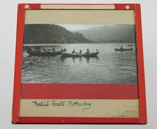 Antique Glass B&W Magic Lantern Slide Native Boats Norway c1920