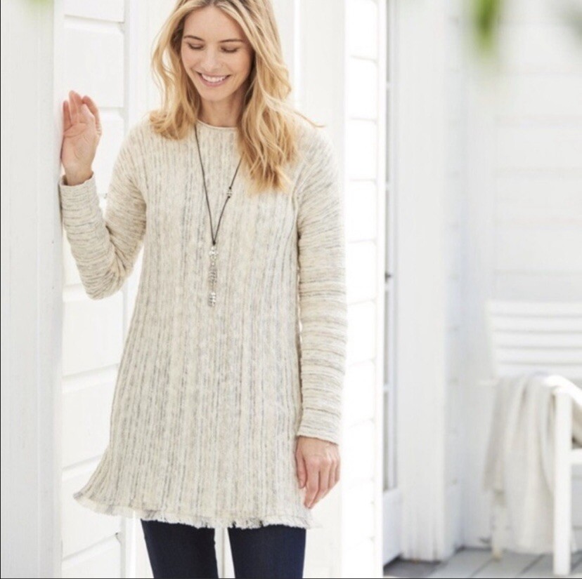 J.Jill Women’s XS Marled Gray Button Back Fringe Hem Knit Tunic Sweater