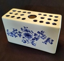 Hand Painted Ceramic Blue and White Flower Frog Vase, 1992 Made in Portugal