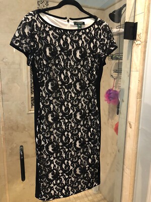 Lauren by Ralph Lauren Women's Lace Dress 10 Color Block Stretch White Black  | eBay