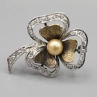 Vintage Sterling Silver Gold Plated Crystal Halo Faux Pearl Clover Pin Brooch