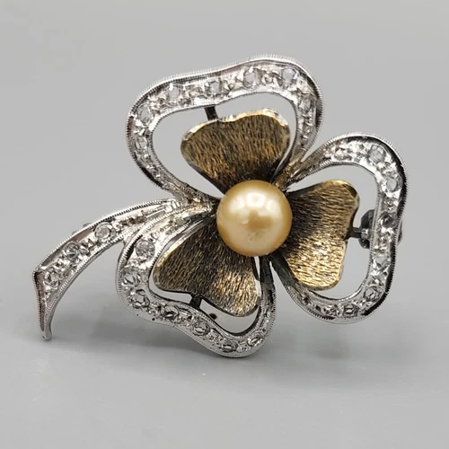 Vintage Sterling Silver Gold Plated Crystal Halo Faux Pearl Clover Pin Brooch