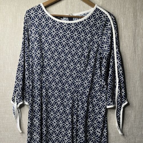 Talbots Women Dress Large Petite Blue White 3/4 Sleeve Round Neck Zip Back Tie - Picture 3 of 12