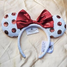 Disney- Parks White Sequin Red Polka Dot Minnie Mouse Ears Headband with Red Bow