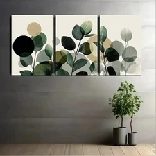 3pcs Green Leaves And Plants With Circles Wall Art Canvas Framed 50x70cm