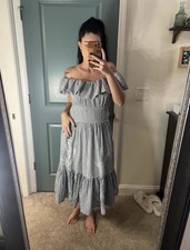 Tory Burch Women's Off Shoulder Blue Pin Striped Dress Medium, Size 10