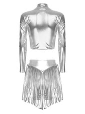 Womens Sets Fringed Outfits Crop Top Dancewear Jazz Costume Mock Neck Metallic