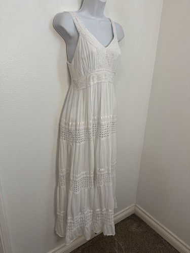 Maxi Vestido Vintage Magic Rayón Blanco Crochet Hippie Boho Hada Niveles M - Imagen 2 de 9