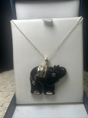 Vintage 10k Gelbgold Rubin Auge natürlicher schwarzer Onyx handgeschnitzt Elefant 10k Kette