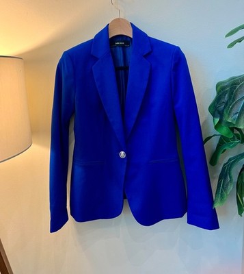 Zara Basic Bright Electric Blue Fitted Blazer W/ Embossed Silver Crest Buttons 6