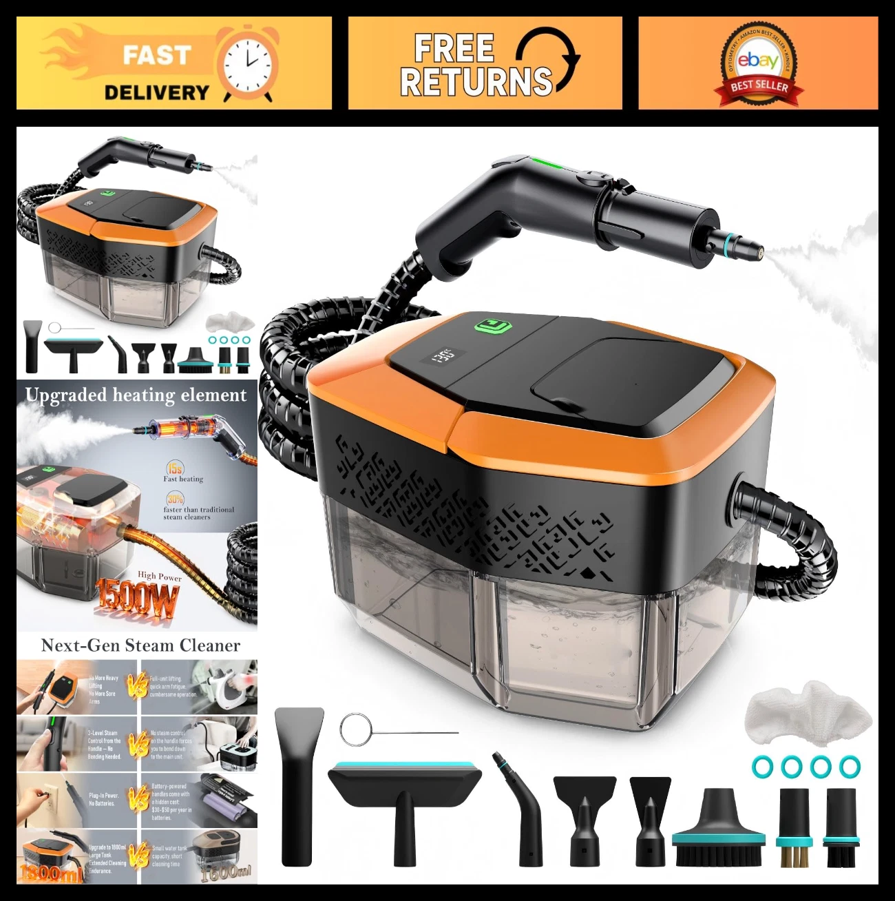 Handheld Steam Cleaner with 1.8L Tank, Adjustable Handle, 12 Accessories