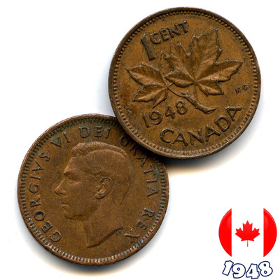 Eine kanadische 1948 1 Cent Penny Münze George VI Maple Leaf - zirkuliert