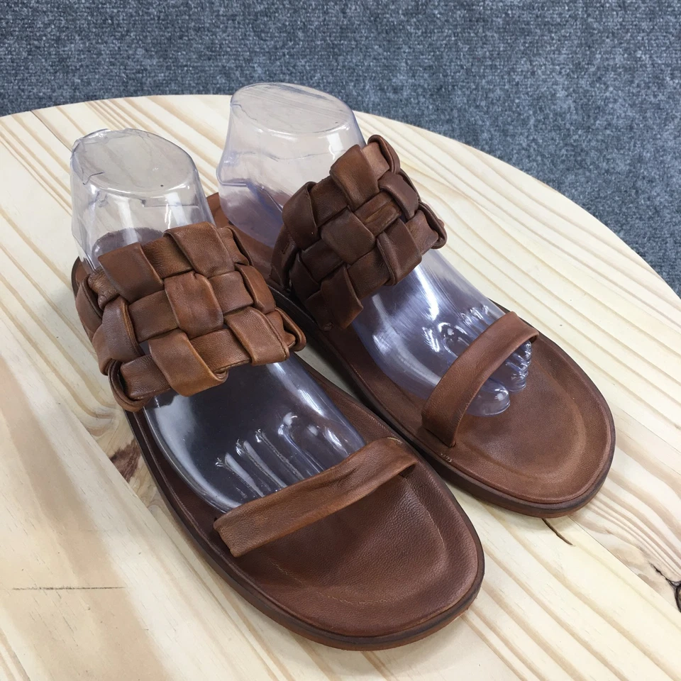 Free People Sandals Womens 41 Slide Brown Leather Woven Strap Open Toe Slip On - Image 3 of 4