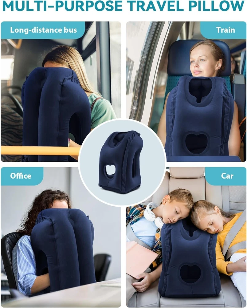 Ultimate Inflatable Travel Pillow in Solid Blue with Eye Mask and Ear Plugs